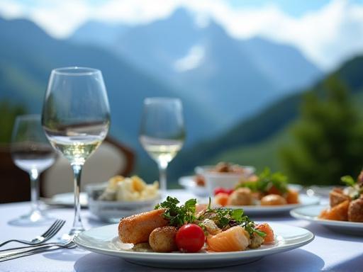 Tavola imbandita con vista su una catena montuosa